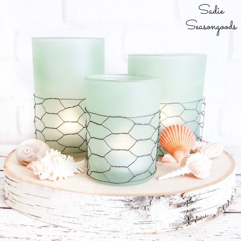 Sea Glass Votive Holder Set: Frosted Jars in Whitewashed Wooden Tray