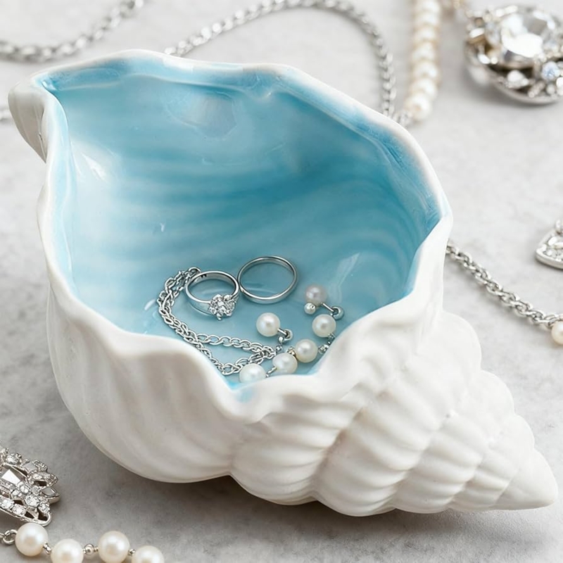 Seashell Shape White Ceramic Jewelry Dish, Coastal Style Jewelry Tray