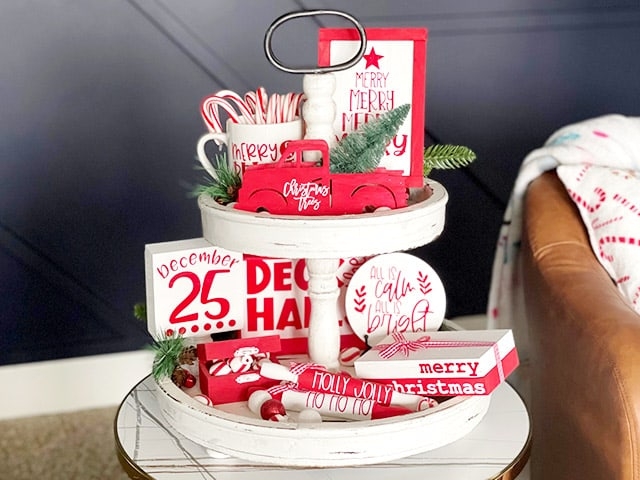 Seasonal Vignette Tiered Tray for Holiday Kitchen Decor.