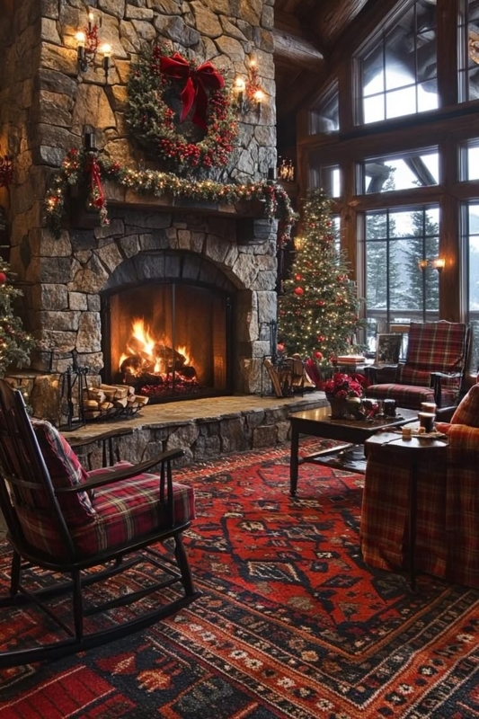 Sectional Sofa: Mountain Lodge Living Room, Stone Fireplace