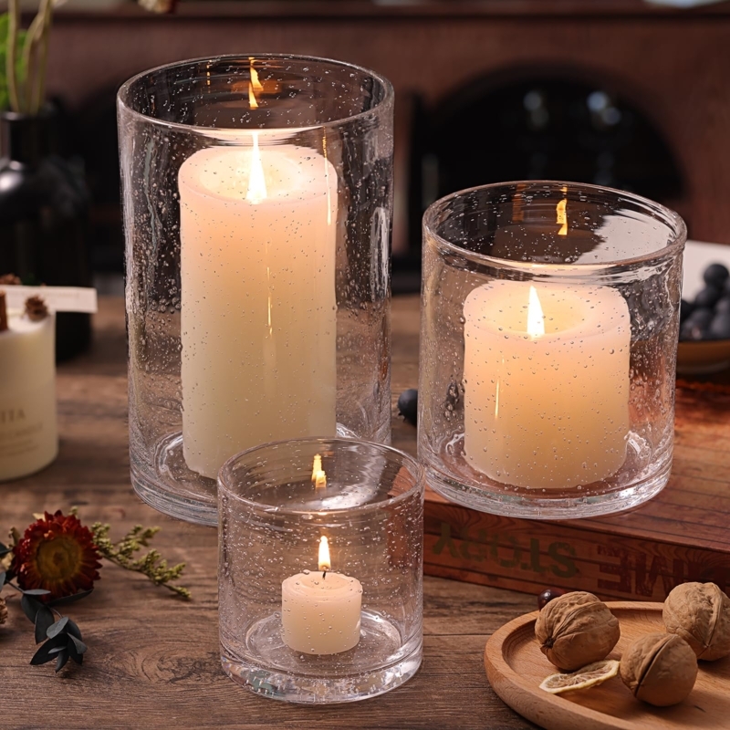 Seeded Glass Hurricane Set with Staggered Heights for Rustic Tabletop