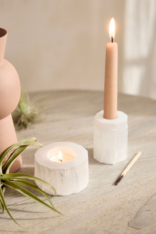 Selenite Candle Holder, Translucent White Crystalline Decor, Minimalist