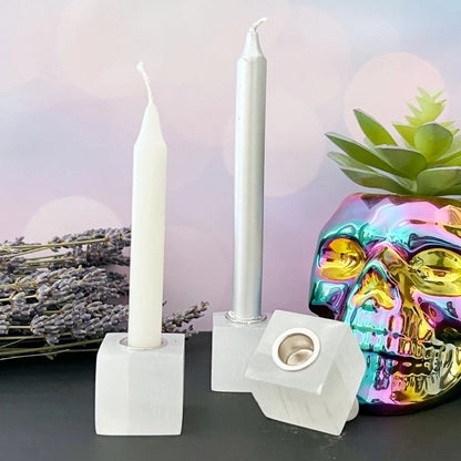 Selenite Cube Candle Holder with Fibrous Texture for Zen Decor