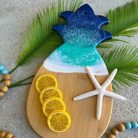 Serving Board Pineapple Shape Laser Engraved Detail Cross Hatch Pattern Coastal Wooden Serveware