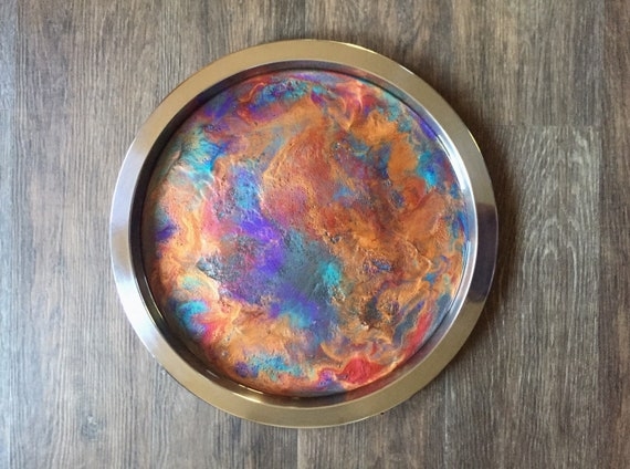 Serving Tray Abstract Resin Pour Multicolored Gold Metal Handles