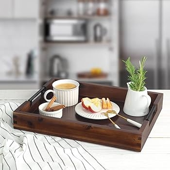 Serving Tray Acacia Wood Tone Slim Metal Handles Natural Wood Tray