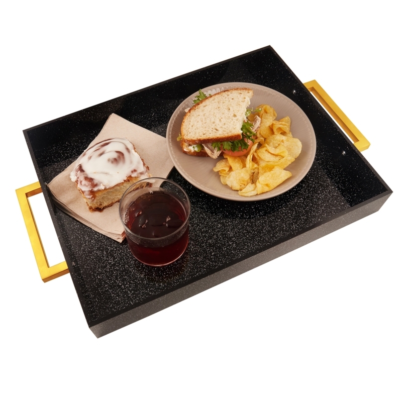 Serving Tray Black Glitter Finish Gold Metal Handles Glam Decor