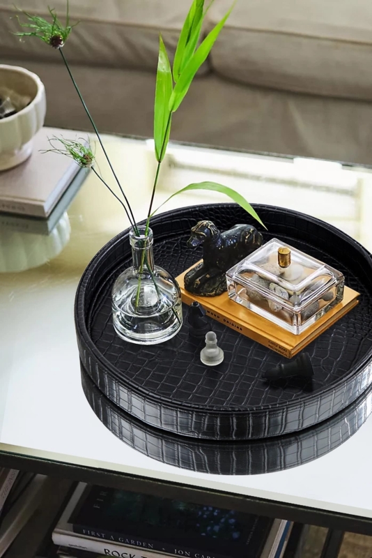 Serving Tray Black Round Crocodile Embossed, Luxury Perfume Organizer