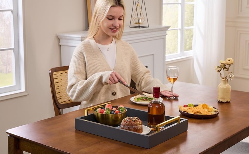 Serving Tray Charcoal Matte Finish Cutout Handles Living Room Decor