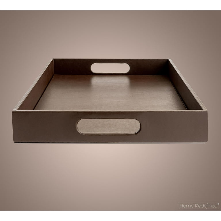 Serving Tray Chocolate Brown Silver Handles, Classic Faux Leather Vanity