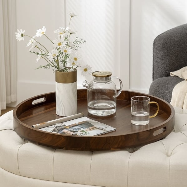 Serving Tray Circular Dark Wood Grain Cutout Handles Modern