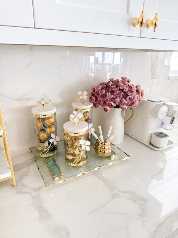 Serving Tray Circular Glass Gold Rim Ball Feet Polished Modern Glam