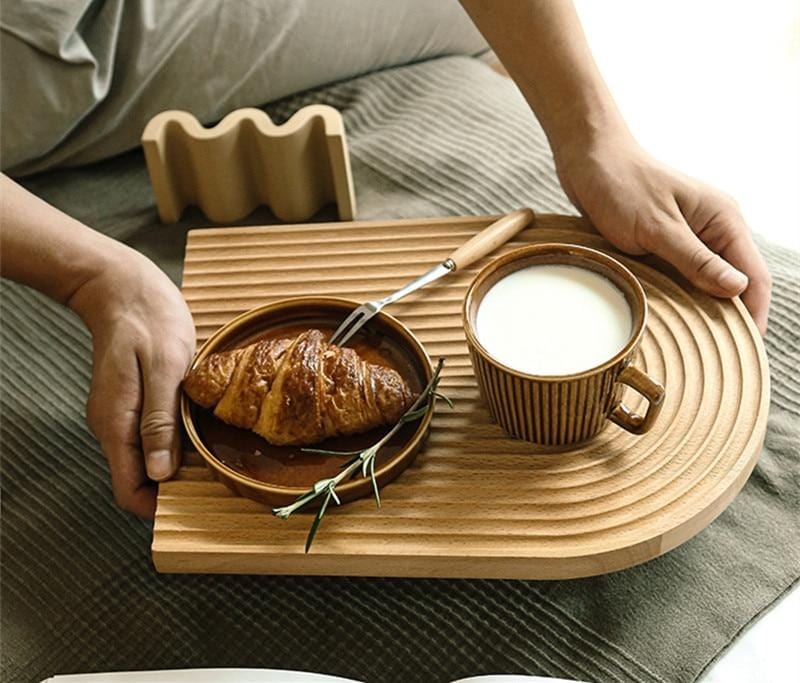 Serving Tray Circular Light Wood Toned Raised Rim Organic Modern