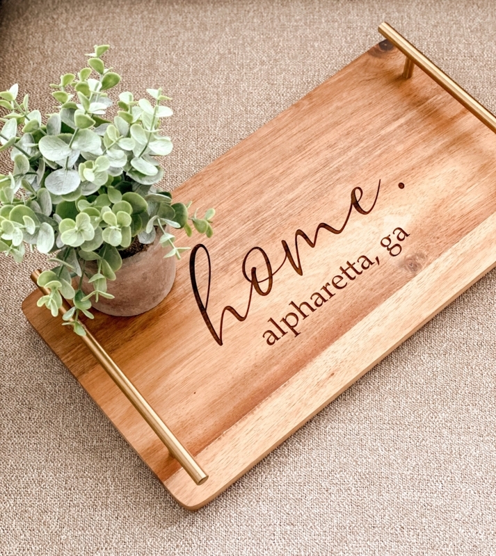 Serving Tray Circular Wood Base Curved Black Handles Modern Farmhouse