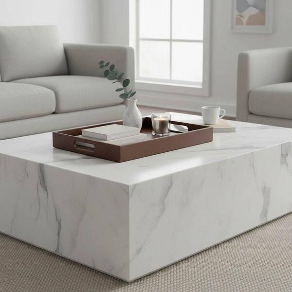 Serving Tray Classic Dark Brown Faux Leather Cutout Handles, Ottoman Styling