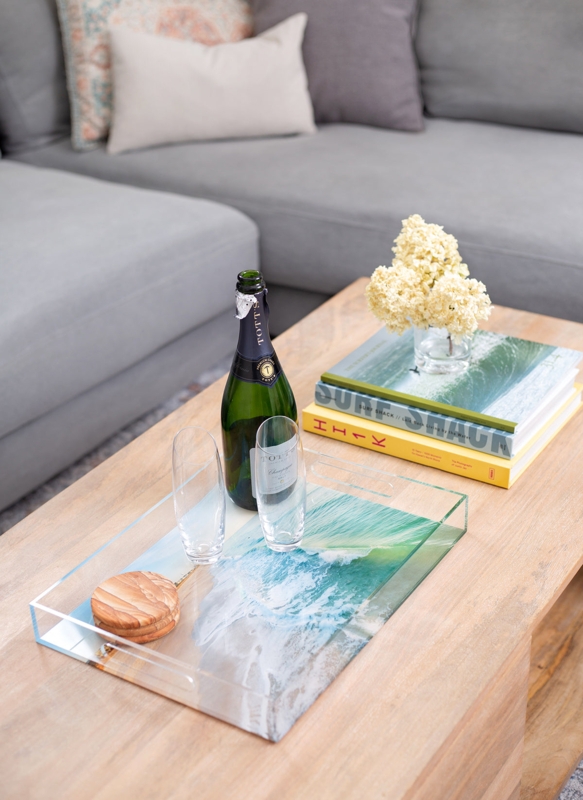 Serving Tray Clear Acrylic Blue Wave Print Beach House Decor
