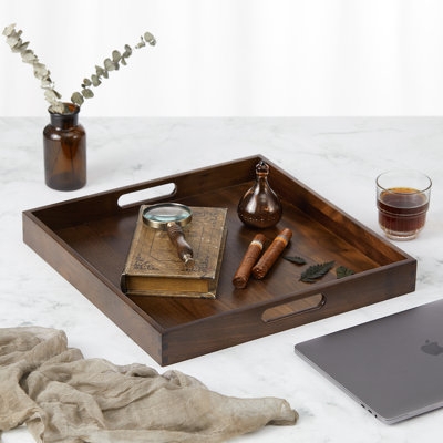 Serving Tray, Dark Wood Grain, Square Form, Cutout Handles