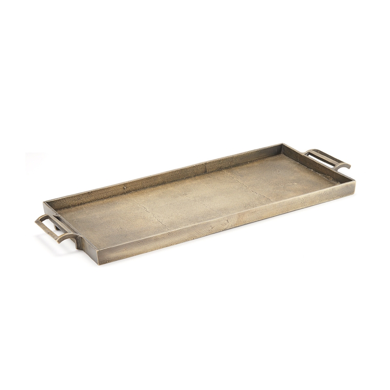 Serving Tray Elongated Rectangular Brass Rim Polished Steel Mixed Metal