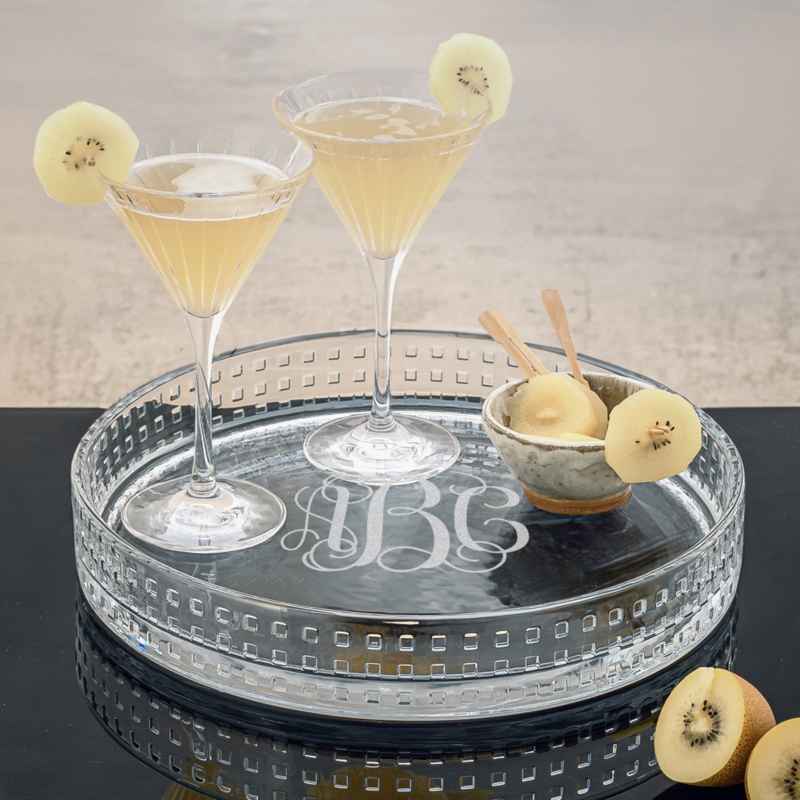 Serving Tray: Etched Monogram, Round Crystal Form, Personalized Tray