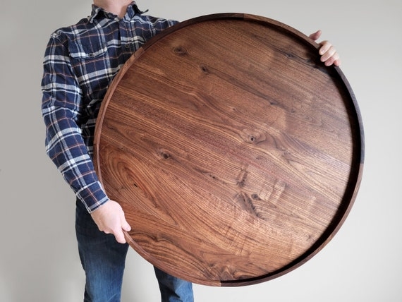 Serving Tray Extra Large Round Black Walnut Wood Grain Ottoman
