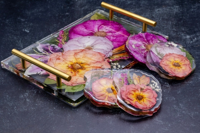 Serving Tray featuring Gold Arc Handles and Pressed Botanical Inlay