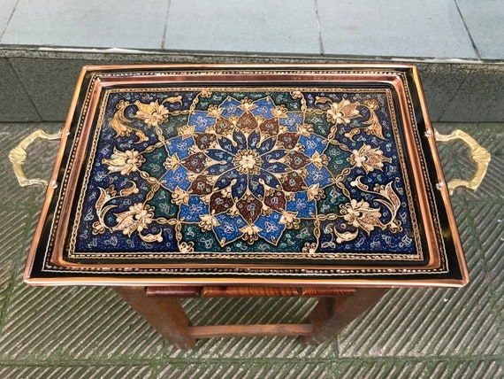 Serving Tray Floral Bone Inlay Integrated Handles Bohemian Decor