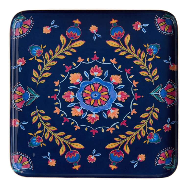 Serving Tray Floral Medallion Navy Metal Cut Out Handles Square