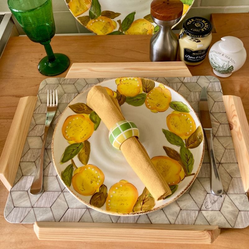 Serving Tray Geometric Triangle Pattern Yellow Grey Wood Handles