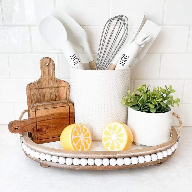 Serving Tray Grey Wood Round with Beaded Rim and Black Metal Handles