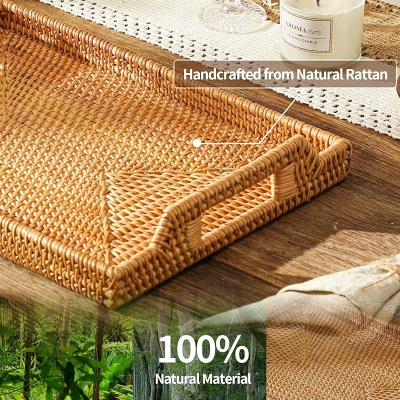Serving Tray Hand Woven Rattan Cane Rectangular Cutout Handles
