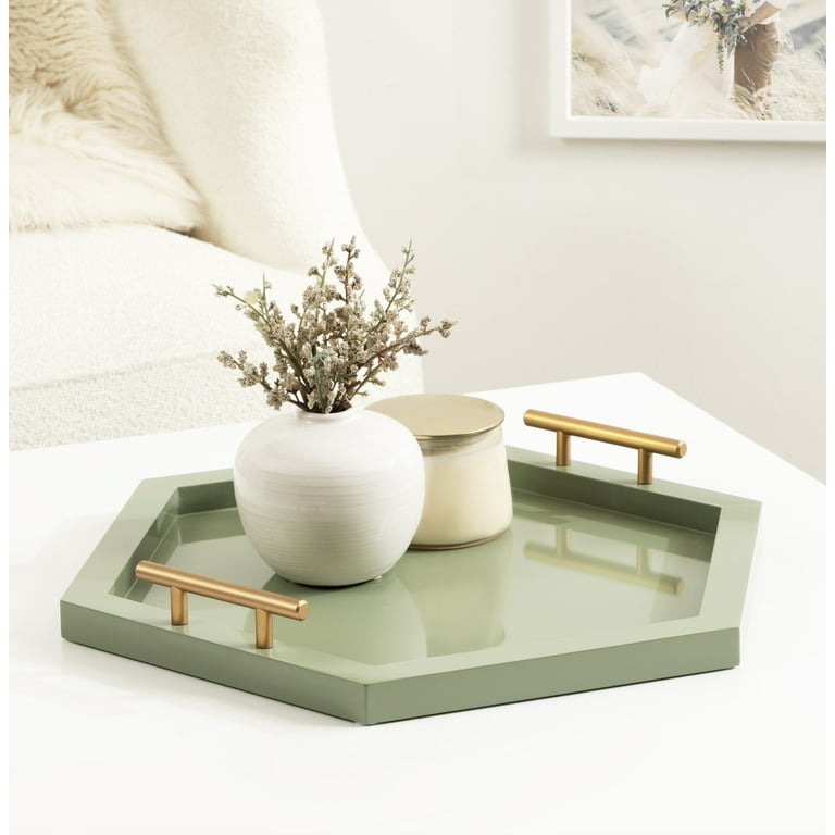 Serving Tray Hexagonal Emerald Green Finish Polished Gold Handles