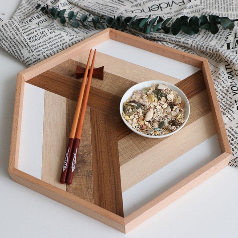 Serving Tray Hexagonal Faceted Rim Natural Wood