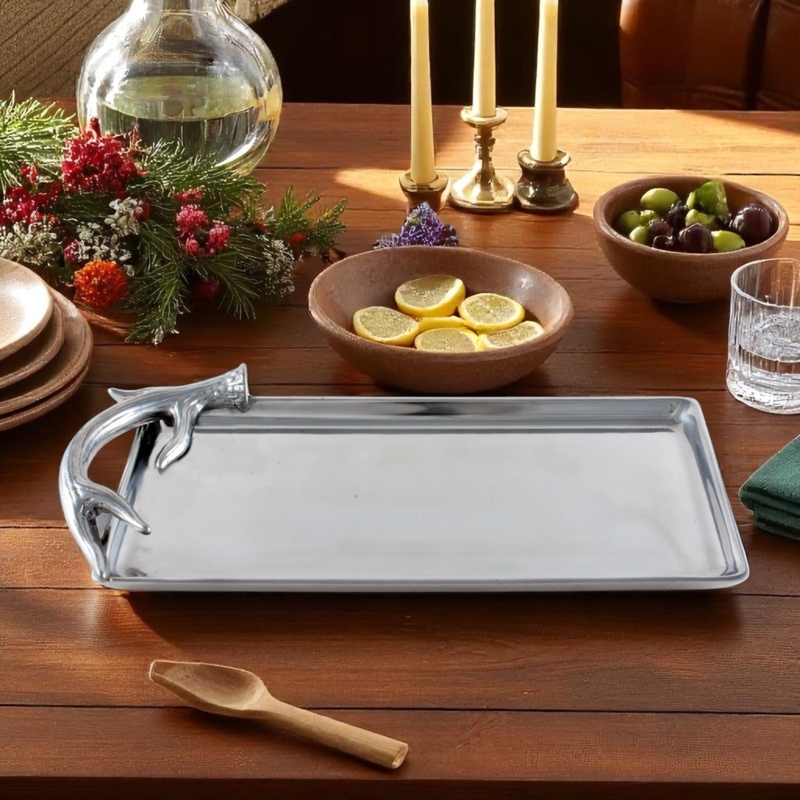 Serving Tray in Polished Aluminum with Sculpted Antler Handles