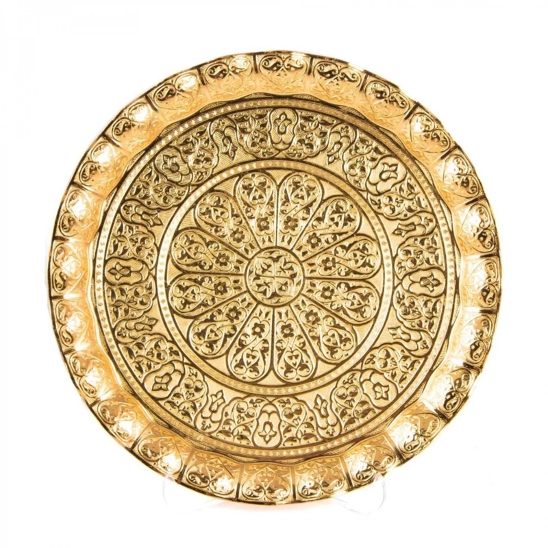 Serving Tray Intricate Etching Scalloped Rim Polished Metal Moroccan