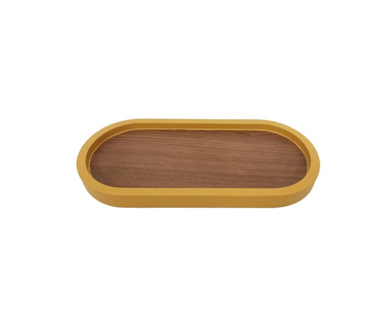 Serving Tray Large Oval White Lacquer Wood Toned Trim Slim Profile