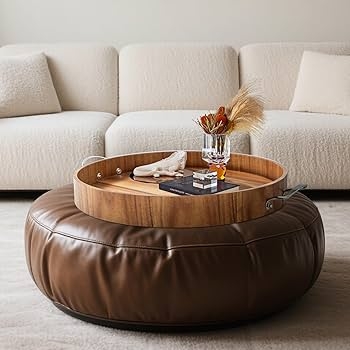 Serving Tray Large Round Wood Toned High Rim Handle Cutouts