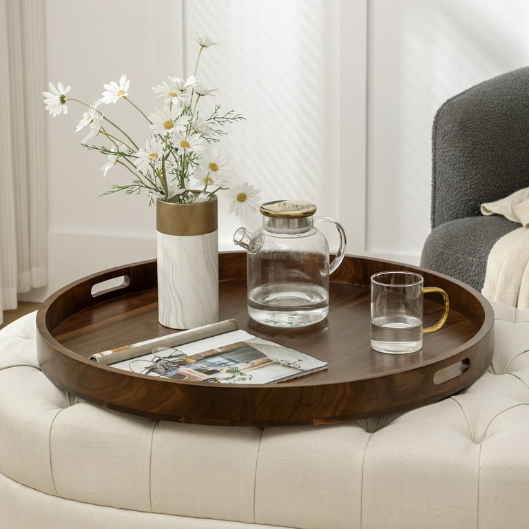 Serving Tray: Large Scale Round Dark Walnut Wood Ottoman Tray