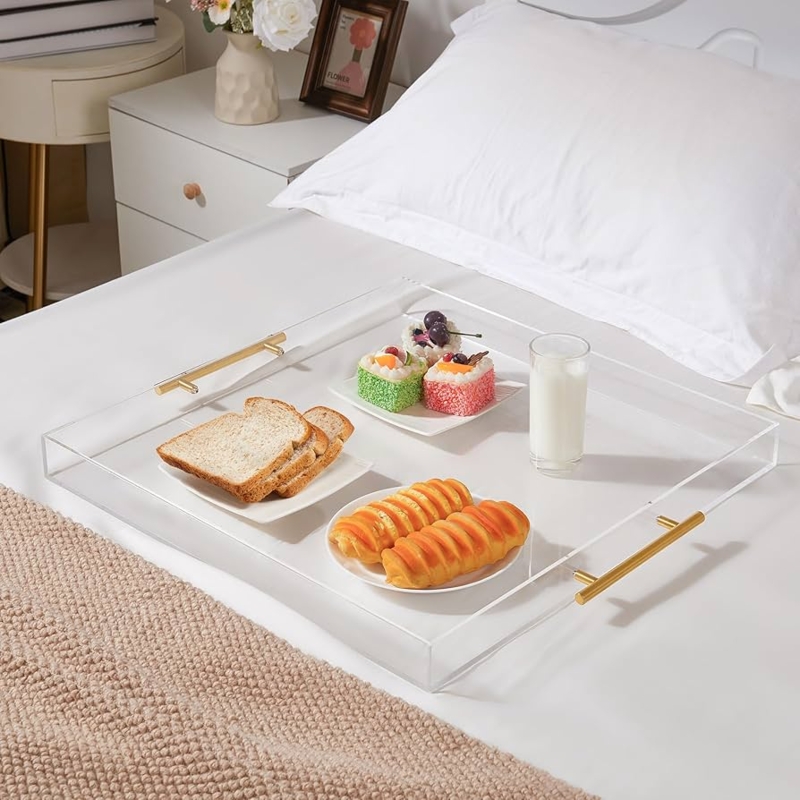 Serving Tray Large Square Acrylic with Polished Gold Handles