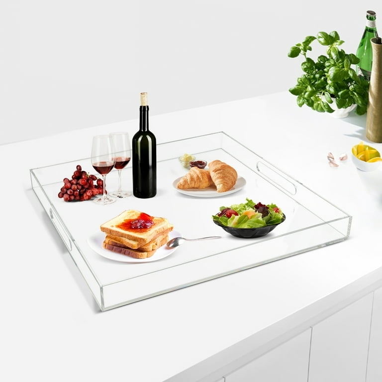 Serving Tray Large Square Transparent Acrylic Spill Proof Rim Cutout Handles