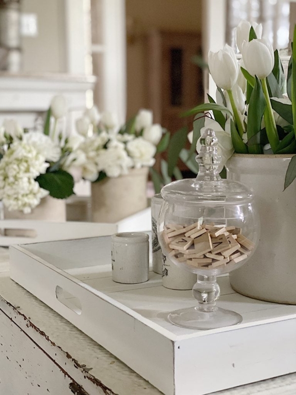 Serving Tray Light Wood Finish Cutout Handles Farmhouse Kitchen Styling