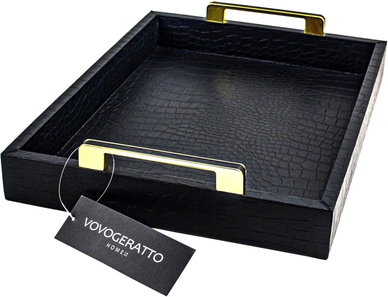 Serving Tray Matte Black Alligator Texture Silver Handles, Luxury Serveware