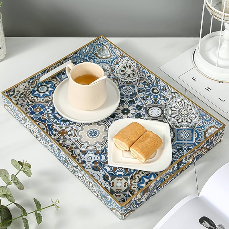 Serving Tray Matte Black Circular Gold Handles Boho Chic Decor