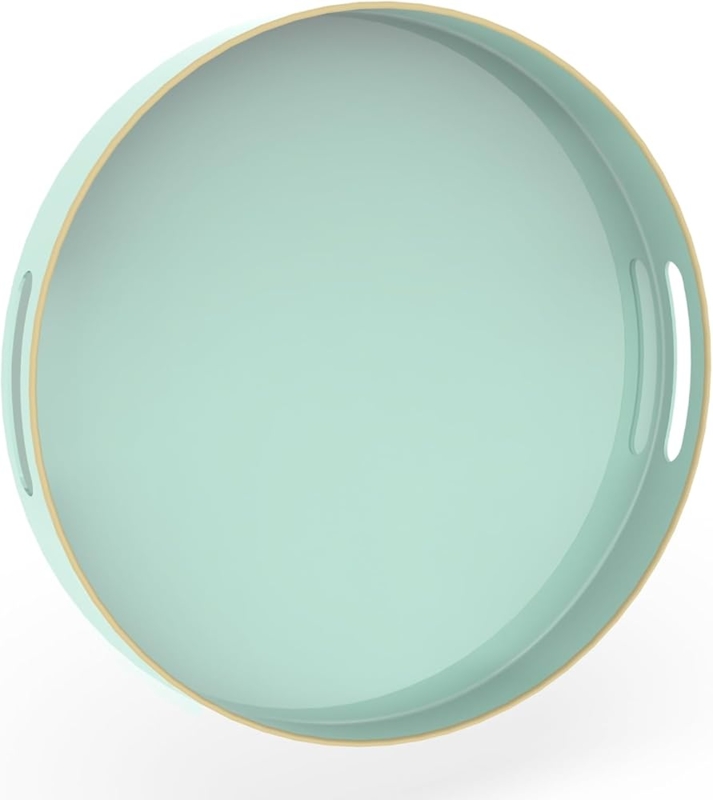 Serving Tray Mint Green Round with Cutout Handles for Coffee Table