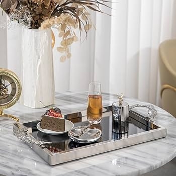 Serving Tray Mirrored Rectangular Integrated Handles Silver Decor