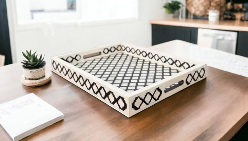Serving Tray Monochrome Zigzag Pattern Wood Rim