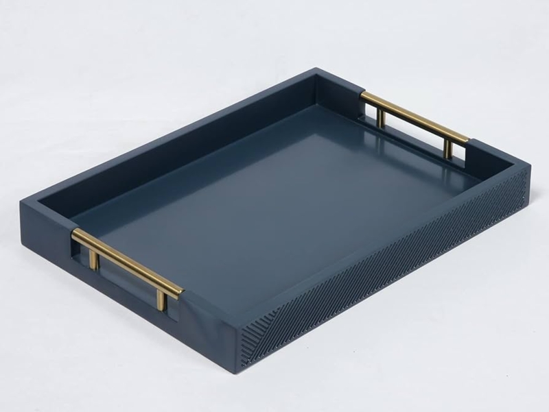 Serving Tray, Navy Blue with Polished Gold Handles, Glamorous Decor