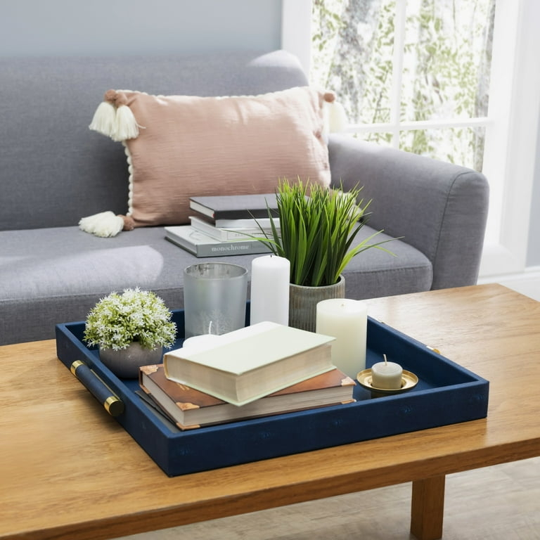 Serving Tray Navy Shagreen Square Gold Handles, Luxury Coffee Table Decor