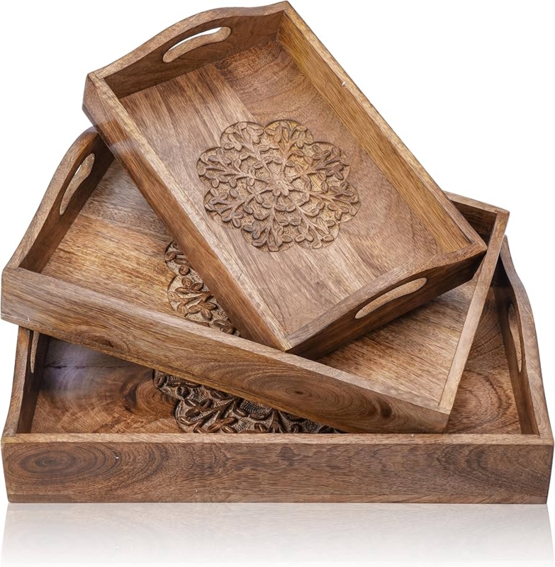 Serving Tray Nested Set Hand Carved Floral Base Dark Wood Bohemian Decor