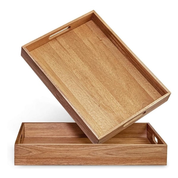 Serving Tray Nested Set Integrated Handles Wood Grain Rectangular Platters