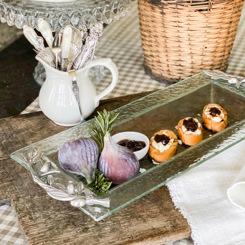 Serving Tray Oblong Glass Metal Olive Branch Handles Botanical Serveware